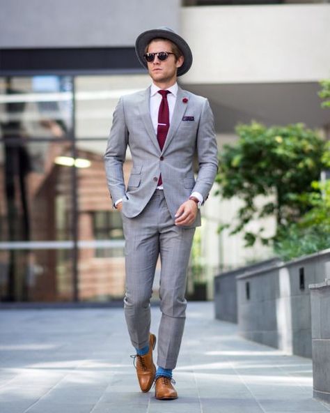 menstyle1:Men’s Street Style Inspiration #38 Shop Men’s Handmade... Kepler Outfits, Grey Suit Brown Shoes, Mens Suit For Wedding, Brown Shoes Outfit, Grey Mens Suit, Suit For Wedding, Grey Suit Men, Light Grey Suits, Grey Suit