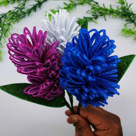 Glitter Paper Flowers, Glitter Paper Flowers Craft, Foam Flowers Diy, Foam Sheet Flowers, Glitter Sheet Flowers, Making Flowers With Glitter Sheet, Foam Flower Plant, Glitter Foam Sheet Craft Ideas, Foamiran Flowers Tutorials