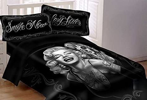 Marilyn Monroe Bedroom, Marilyn Monroe Room, Marilyn Monroe Decor, Smile Now Cry Later, Luxury Comforter Sets, Skull Bedding Sets, Black Duvet, Skull Bedding, Queen Size Comforter