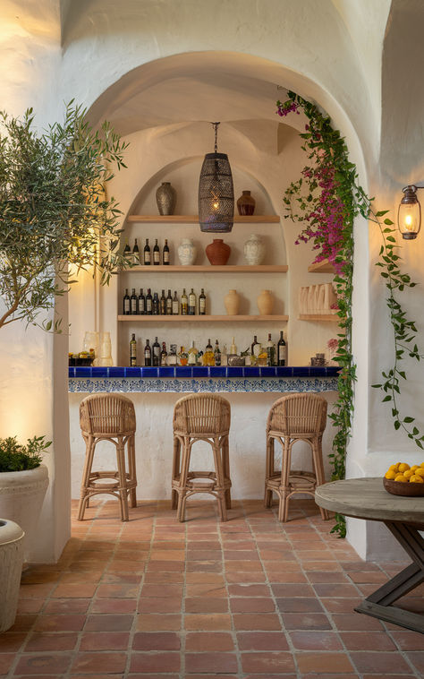 The Coolest Basement Bar Ideas You'll Ever See Small Tapas Bar Design, Spanish Style Home Bar, Indoor Bars For Home, Bar On Wall, Home Bar Aesthetic, Outdoor Wet Bar, Rustic Wine Cellar, Home Bar Diy, Mediterranean Bar