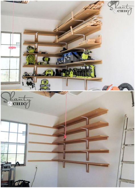 Garage Shelves Diy Wall Mounted, Garage Shoe Shelves, Garage Organization Cheap, Garage Shelving Ideas, Diy Shelves Easy, Diy Pull Out Shelves, Pallet Shelves Diy, Build Your Own Garage, Garage Storage Inspiration