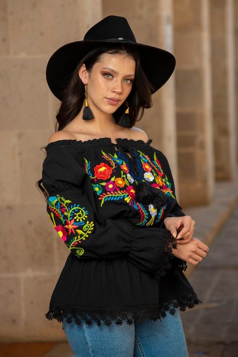 Mexican Theme Party Outfit, Mexican Top, Mexican Theme, Mexican Fashion, Mexican Blouse, Mexican Outfit, Multi Color Blouse, Off The Shoulder Blouse, Floral Embroidered Top