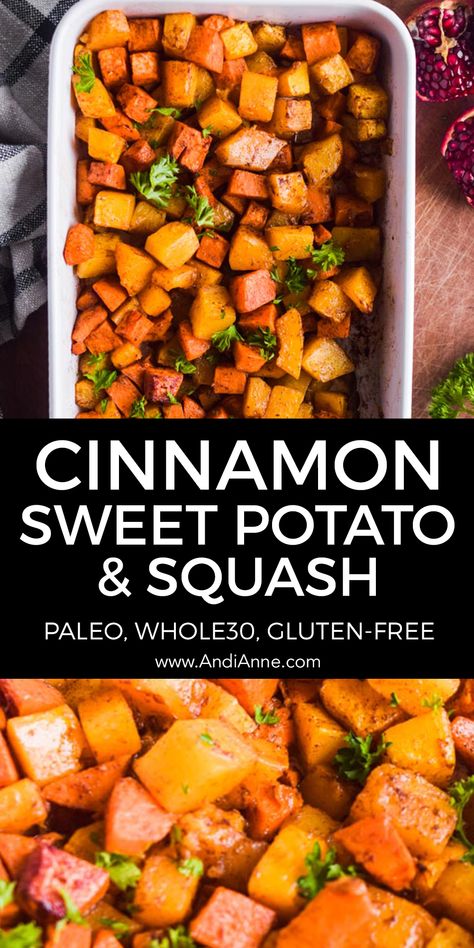 Cinnamon Sweet Potato and Squash - Easy Baked Veggies Butternut Squash Sweet Potato Recipes, Butternut Squash Cooking, Turkey Christmas, Butternut Squash Sweet, Sweet Potato Side Dish, Sweet Potato Sides, Rustic Wreaths, Christmas Side, Healthy Thanksgiving Recipes