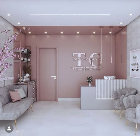 Lash Studio Decor Interior Design Luxe, Blush Pink Esthetician Room, Salon Suite Waiting Area Ideas, Salon Kitchen Ideas, Elegant Esthetician Room, Pink Spa Esthetic, Spa Selfie Wall, Studio Makeup Design, Nail Salon Decor Ideas Interior Design