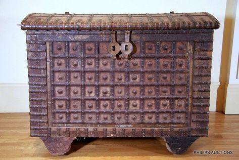 A large antique Indian metal bound Dowry chest on wheels, with… - Furniture - Oriental Exterior Moodboard, Antique Indian Furniture, Dowry Chest, Bronze Vase, Timber Panelling, Chinese Bronze, Indian Furniture, Wood Chest, Indian Decor