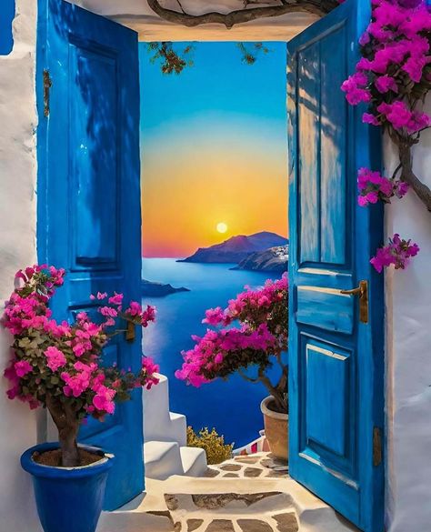 Santorini Art Painting, Entrance Painting Ideas, Greece Painting Easy, Paintings Of Greece, Santorini Greece Painting, Santorini Painting, Mediterranean Paintings, Grecia Santorini, Greece Painting