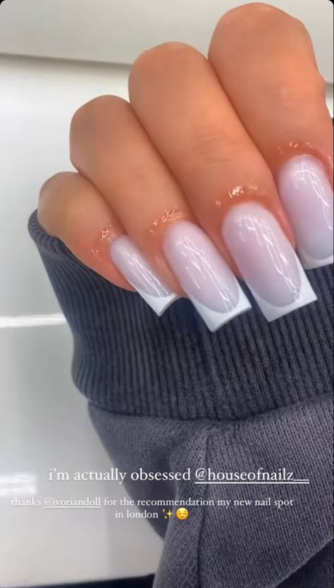 Purple White French Tip Nails, Gray White French Tip Nails, White And Grey French Nails, Grey And White Short Nails, Grey French Nails Tips, Grey Nails White Tips, White Lavender Nails, Grey Tips Nails, Grey And White French Tip Nails