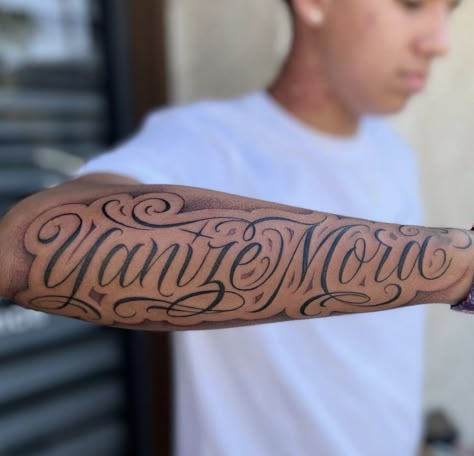 Forearm Script Tattoo, Last Name Tattoos For Men, Mind Over Matter Tattoo, Forearm Name Tattoos, Name Tattoos For Men, Tattoo Name Fonts, Tattoo Font For Men, Outer Forearm Tattoo, Simple Arm Tattoos