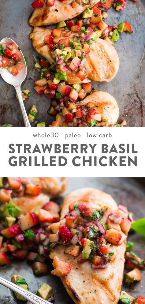 This Whole30 strawberry basil chicken with avocado is the ideal Whole30 grilled chicken recipe: quick, flavorful, and a little sweet! The perfect Whole30 dinner for those nights when you can\'t stand yet another savory recipe. While this Whole30 strawberry basil chicken with avocado is totally Whole30 compliant, it\'s perfect for anyone! Strawberry basil chicken needs to be a thing in your house... like yesterday. #chicken #paleo #cleaneating #healthyrecipes Paleo Chicken Nuggets, Guacamole Burger, Chicken With Avocado, Whole30 Dinner, Grilled Chicken Recipe, Savory Recipe, Whole30 Chicken, Strawberry Basil, Whole30 Dinners