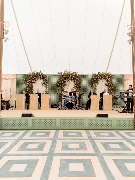 Band Backdrop Wedding, Stage Backdrop Wedding, Wedding Dance Floor Ideas, Easton Events, Wedding Dancefloor, Sea Island Wedding, Stage Backdrops, Wedding Tents, Dance Floor Wedding