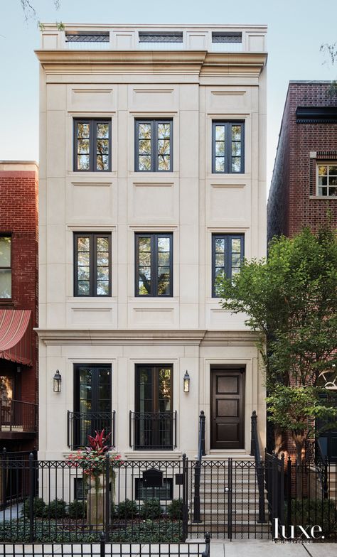 A Chicago Townhouse Exudes Classic Elegance | Luxe Interiors + Design Modern Classical Architecture, Limestone Facade, Chicago Townhouse, Historic Neighborhood, Brownstone Homes, New Classical Architecture, Classic Facade, Narrow House Designs, Townhouse Exterior