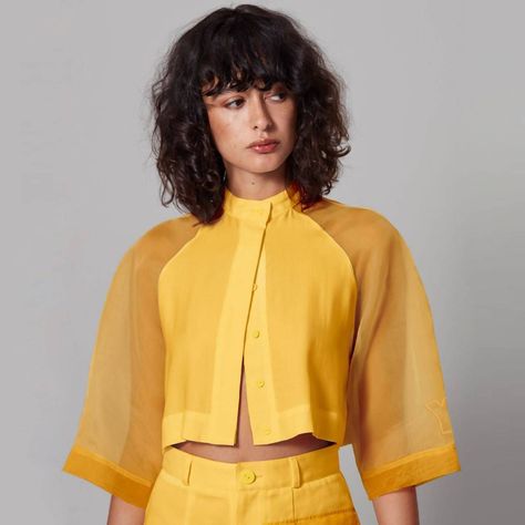 Sheer Sleeves Crop - Yellow / UK 10 Sheer Orange Top, Raglan Sleeve Design, Crop Tops With Sleeves, Unusual Sleeves, Bee Project, Raglan Sleeve Blouse, Raglan Sleeve Dress, Fun Sleeves, Different Sleeves Style