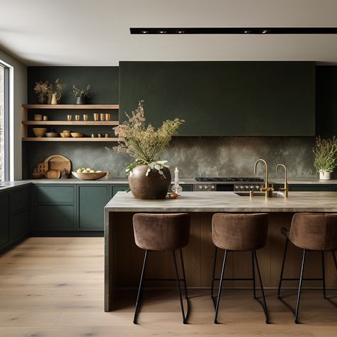 Dark Olive Green Kitchen, Clawfoot Tub Ideas, Olive Green Kitchen, Clawfoot Tubs, Green Kitchen Designs, Dark Green Kitchen, Open Plan Kitchen Dining Living, Vintage Kitchens, Kitchen Ideas Dark