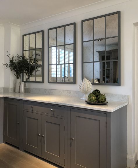 Over kitchen cabinet display of this bespoke set of mirror panels from Aldgate Home Window Mirror Decor, Kitchen Cabinet Display, Mirror Dining Room, Wall Feature, Dinning Room Design, Iron Work, Living Room Mirrors, Window Styles, Kitchen Mirror