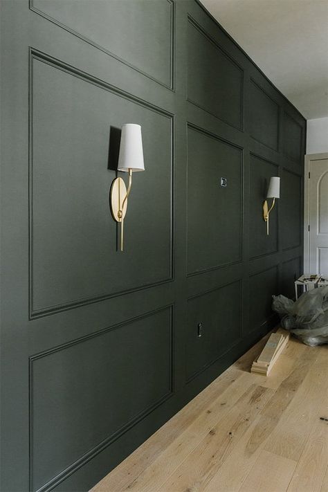 Playroom Wall Mural Installation - Jenna Sue Design Dark Green Statement Wall, Green Wall With Molding, Dark Green Panelled Wall, Forest Green Lounge Living Rooms, Forest Green Wainscoting, Green Walls Basement, Dark Green Paneling, Moody Playroom Ideas, Dark Green Wall Panelling