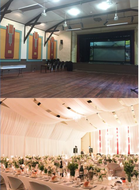 Gymnasium Wedding Decor, Before And After Wedding Venues, Wedding Reception Before And After, Wedding Hall Transformation, Wedding Hall Draping, Wedding In A Gymnasium, Wedding Venue Before And After, Wedding Venue Transformation, Gymnasium Wedding Reception