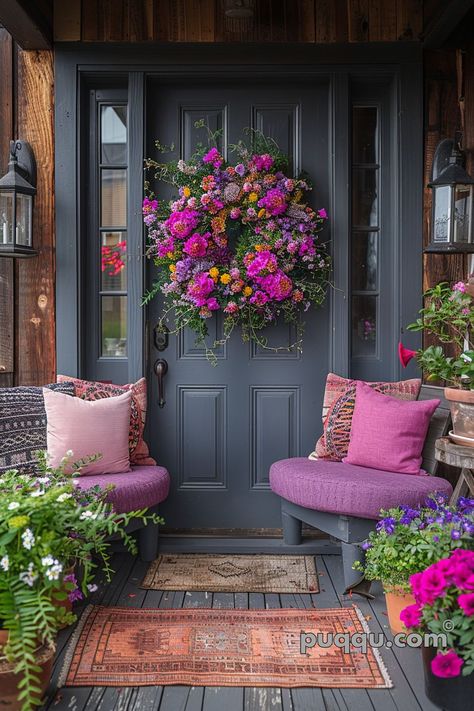 Spring Wreath for Front Door: Blooming Elegance to Welcome the Season - Puqqu Porch Inspiration, Paint Concrete, Cottage Wreath, Nancy Meyers, Summer Door Wreaths, Arrangement Ideas, Floral Centerpiece, Front Porch Decorating, Front Entrance