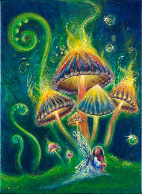 Acrylic Painting on Canvas by Adya Nova.  Inspired by a sacred plant ceremony and emits the energy of nature Spirits and magical realms. Mushroom Painting Ideas Easy, Painting Ideas On Canvas Mushrooms, Mushroom Painting Ideas, Mushroom Paintings, Mushrooms Trippy, Mushroom Painting, Nova Art, Trippy Mushroom, Mushroom Magic