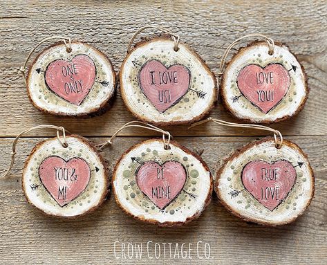 VALENTINE WOOD SLICE ORNAMENTS Valentine Wood Ornaments, Hand Painted Valentine Ornaments, Vday Decorations, Valentines Day Ornaments, Valentines Ornaments, Valentines Designs, Valentine Ornaments, Vday Decor, Wood Slice Ornaments