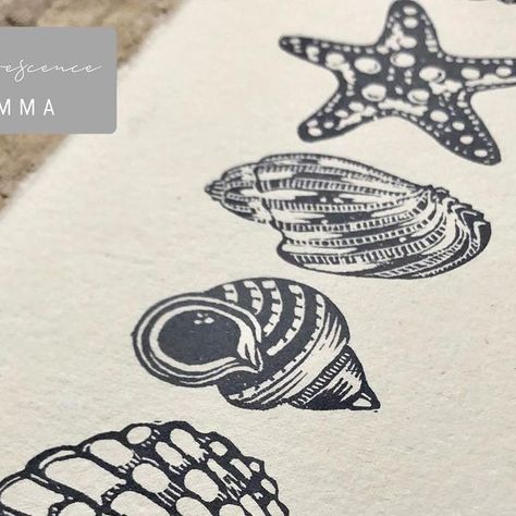 Emma Chudoba on Instagram: "Seashells😍 • • • #lino#linoprint#artist#carving#seashells#vintage#handmadepaper#oneofakind#instagood#artisan#smallbusiness#ink#inkonblock#linoleum #linocut #linoprinting #printing#print#etsy" Shell Linocut, Shell Lino Print, Starfish Linocut, Seashell Lino Print, Lino Tiles, Beach Lino Print, Sea Life Lino Print, Tile Print, Linoleum