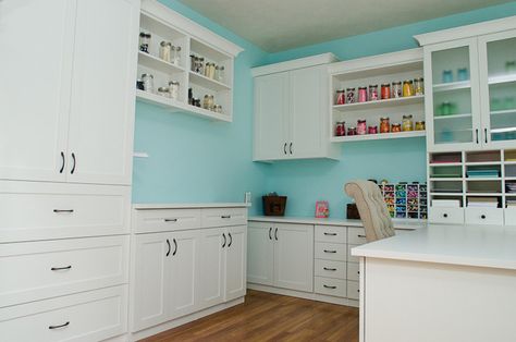 A Place for Everything - A Colorful Craft Room - Transitional - Home Office - Indianapolis - by California Closets of Indianapolis | Houzz Closet Craft Room, Colorful Craft Room, Koala Sewing Cabinets, Scrapbooking Rooms, Downstairs Ideas, Pear Photography, Quilt Room Organization, Sewing Studios, Kitchen Desk Areas