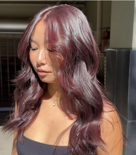 Deep Red On Black Hair, Red Maroon Hair Burgundy, Red Hair Over Dark Brown, Dark Cherry Hair Aesthetic, Dark Maroon Red Hair, Burgundy Hair On Black Hair, Deep Wine Hair Color Burgundy, Brown Magenta Hair, Burgundy Hair Curtain Bangs