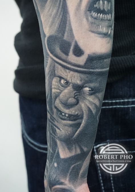 Leprechaun tattoo Leprechaun Tattoos Horror, Leprechaun Drawing, Freddy Krueger Tattoo, Leprechaun Tattoos, Payasa Tattoo, Dope Drawings, Leg Tats, Horror Tattoos, Chest Piece Tattoos