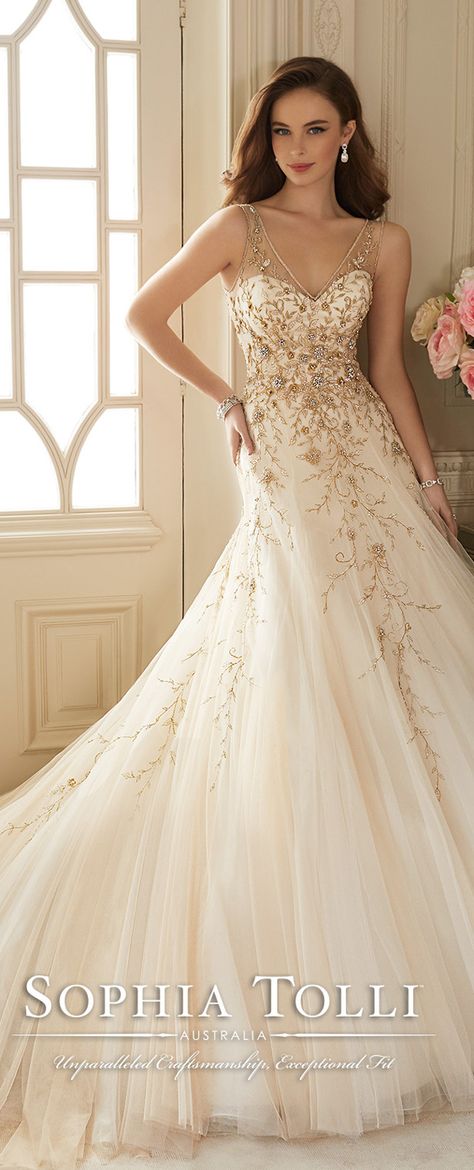 Debs Dresses, Wedding Dress Tulle Lace, Sophia Tolli Wedding Dresses, Trumpet Wedding Gown, Gold Wedding Gowns, Jeweled Wedding Dress, Sophia Tolli, Bridal Designers, Gold Wedding Dress