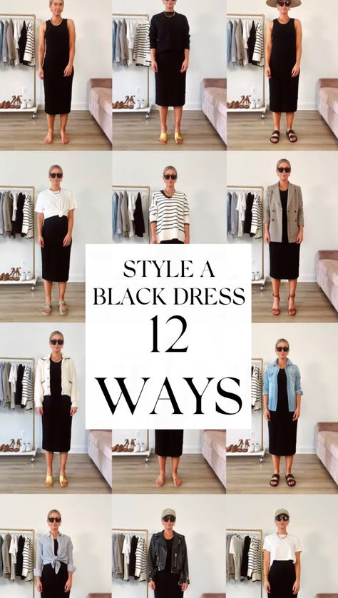 12 WAYS TO STYLE A BLACK DRESS - Lifestyle Blog by Leanne Barlow Long Casual Black Dress, How To Style A Long Black Dress Casual, Long Black Fitted Dress Outfit, Dressing Down A Black Dress, How To Style Black Dress Winter, How To Style Black Satin Dress, Styling A Tube Dress, Black Sleeveless Dress With Cardigan, Black Dress Styling Casual