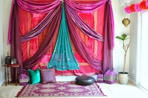 "Idea for all my sari fabric" per previous pinner.  Beautiful Indian room. Indian Bridal Shower Ideas, Mendhi Decor, Kitty Party Themes, Indian Room, Mehndi Decor, Kitty Party, Indian Decor, Moroccan Decor, Indian Wedding Decorations