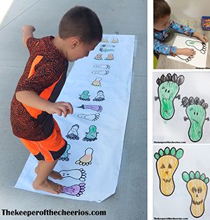 Halloween Footprint Hopscotch Materials: Roll of butcher paper  Printed footprints (I just found a template online) HERE is one similar to the one I used Crayons Scissors Spray Adhesive (or glue sticks) Tape Directions: Print off several footprints Have the kids...Read more Hopscotch Ideas, Physical Development Activities, Halloween Lesson Plans, Halloween Yoga, Halloween Lesson, Physical Education Lessons, Halloween Mystery, Thema Halloween, Halloween Preschool