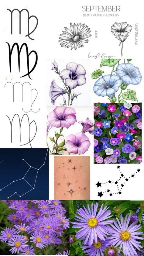 Virgo symbol and constellation ideas to add in to design and birth flowers to be part of flower designs. Star Signs Symbols, Part Of Flower, Libra Flower, Virgo Flower, Virgo Symbol, September Birth Flower, Birth Month Flowers, Body Modifications, Sleeve Tattoo