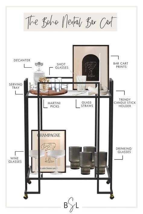 Black Bar Ideas For Home, Wine Cart Ideas, Masculine Bar Cart, Coffee Bar Cart Ideas, Boho Bar Cart, Coffee Cart Ideas, College Bar Cart, Bar Cart Styling Ideas, Bar Cart Aesthetic