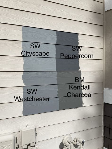 SW Cityscape SW Peppercorn SW Westchester BM Kendall Charcoal Sherwin Williams Peppercorn Exterior, Peppercorn Exterior, Home Color Exterior, Kendall Charcoal Benjamin Moore, Peppercorn Sherwin Williams, Sherwin Williams Peppercorn, Bathroom Mermaid, Kendall Charcoal, Outside Paint