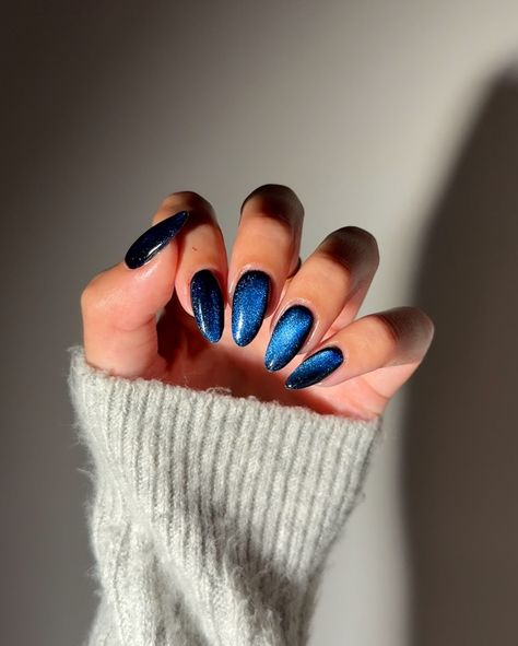 🌌🌌🌌 • @gelcare.official Patent Leather Black Midnight Velvet Sapphire • • • #nails #almondnails #bluenails #winternails #gelnails #naturalnails #gelcare #nailinspo Midnight Taylor Swift Nails, Midnight Blue And Silver Nails, Midnights Nails Taylor, Blue Velvet Nails, Simple Blue Nails, Midnight Nails, Short Christmas Nail Ideas, Simple Christmas Nail Ideas, Simple Christmas Nail Designs