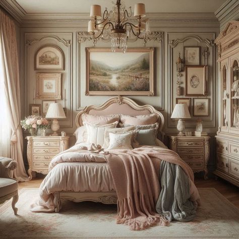 Classical Guest Bedroom, French Wingback Bed, French Style Guest Bedroom, Guest Bedroom Ideas Cottage Style, Grey Vintage Bedroom, French Feminine Bedroom, Victorian Country Bedroom, Master Victorian Bedroom Ideas, French Bedrooms Decor