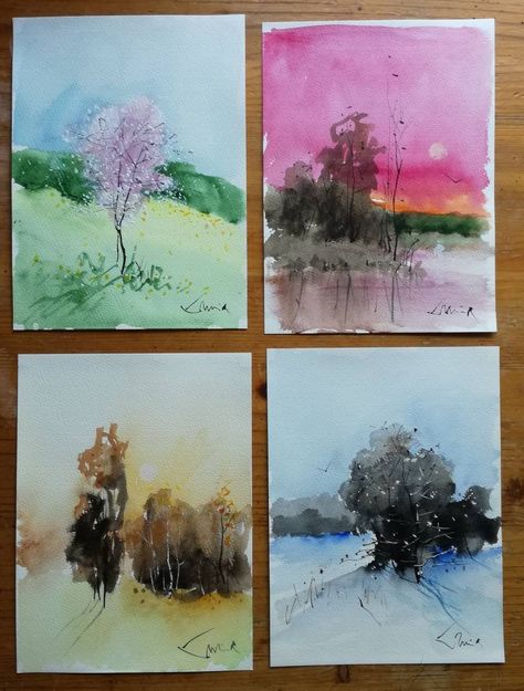 Matching Paintings, Winter Landscapes, Paintings Watercolor, Spring Summer Autumn Winter, 8x10 Art Prints, Winter Painting, Paper Artwork, Tree Drawing, Free Graphics