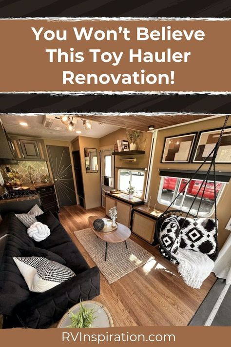 Gone are the days of renovating RVs with all-white walls and cabinets! Renovators are no longer afraid of bold colors and developing their own unexpected design methods.  Meet Jute, a toy hauler renovation with bold patterns and natural wood accents that make it like a one-of-a-kind studio. It even has a bathtub. This is a renovation you have to see to believe! #rvrenovation #rvinspiration Toy Hauler Renovation, Rv Newbies, Rv Models, Natural Wood Accents, Rv Inspiration, Camper Reno, Renovation Tips, Rv Makeover, Bedroom Patio