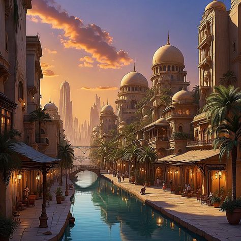 Tropical Village Concept Art, Dessert City Fantasy Art, Tropical City Fantasy Art, Fantasy Oasis City, Tropical City, City Pics, Fantasy City, House Architecture Design, Book Ideas