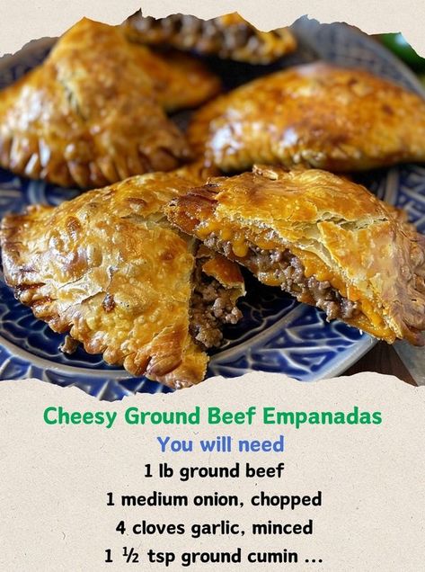 Cooking Family Recipes | Cheesy Ground Beef Empanadas | Facebook Ground Beef Empanadas, Cheesy Ground Beef, Beef Empanadas, Family Recipes, Ground Beef, Family Meals, Garlic Cloves, Garlic, Alexander