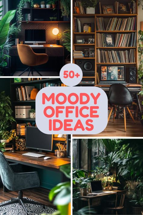 A collage showcasing moody office ideas, featuring dark modern office setups with rich tones, cozy small moody offices, and home office dark designs that create a stylish and intimate workspace atmosphere. Small Moody Study, Moody Home Office Ideas, Dark Cozy Office, Small Dark Office, Home Office Dark Walls, Dark Office Ideas, Moody Office Inspiration, Moody Office Space, Green Office Walls