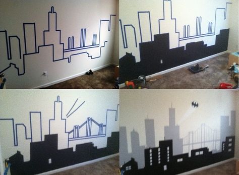 Gotham City Skyline could be a headboard. Description from pinterest.com. I searched for this on bing.com/images Batman Decorations, Hero Bedroom, Batman Bedroom, Super Hero Room, Marvel Bedroom, Batman Decor, Batman Room, Marvel Room, Superhero Bedroom