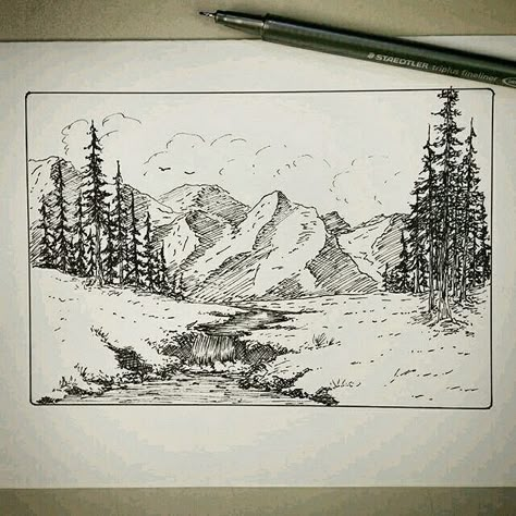 Check out this cool #penandink #landscape #drawing by @deanwrighty. Dean drew this #nature #artwork with a #staedtler pen and calls it a #doodle but I think that this has just enough detail to give you that relaxing feeling of being out in the wild. The #river and its mini #waterfall; the great #trees; and the #mountain-scape. great work!  #CreativeAirship Sketches Landscape, Drawing Landscapes, Landscape Pencil Drawings, Drawing Nature, Mountain Drawing, Nature Sketch, Pen Art Drawings, Landscape Sketch, Pencil Pen