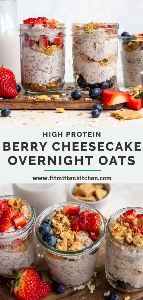 Berry Cheesecake Overnight Oats is a high protein breakfast or snack that mimics that same creamy cheesecake filling we know and love thanks to blending cottage cheese and berries together. It's a delicious meal prep breakfast to serve with fresh berries, grahams crackers, honey, and more! Dairy free friendly, gluten free. #berrycheesecakeovernightoats #overnightoatsrecipes Cottage Cheese Cheesecake Breakfast, Overnight Oats With Berries, Berry Cheesecake Overnight Oats, Cheesecake Overnight Oats With Jello, Overnight Oats With Cottage Cheese, Cheesecake Overnight Oats Healthy, Overnight Oats Berry, Cottage Cheese Overnight Oats, Cottage Cheese Recipes Breakfast