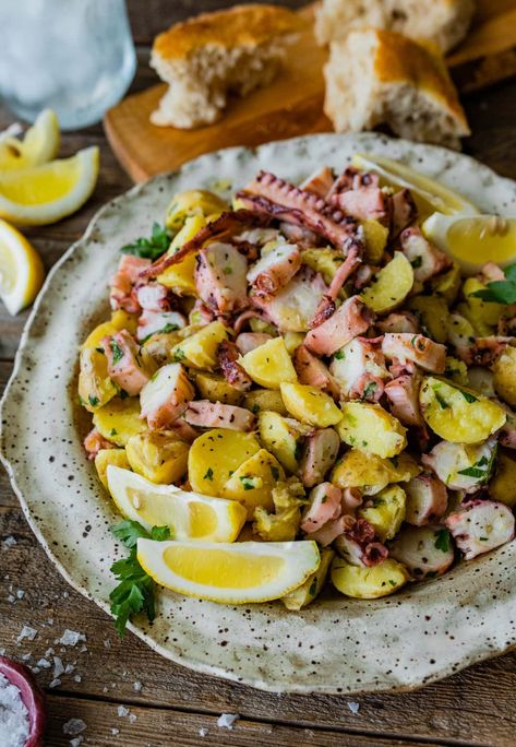 Italian Octopus, Octopus Salad Recipe, Eggplant Caponata Recipe, Spain Recipes, Shrimp Saganaki, Caponata Recipe, Recipe With Potatoes, Salad Italian, Eggplant Caponata