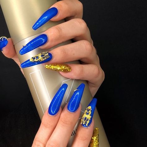 Sgrho Nails, Royal Blue And Gold Nails, Sorority Nails, Nails Royal Blue, Blue Gold Nails, 15 Nails, Royal Blue Nails Designs, College Nails, Shower Nails