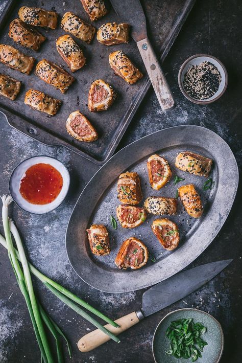 Dumpling-flavored sausage rolls - a party snack from Nerds with Knives British Snacks, Sausage Chili, Sausage Seasoning, How To Make Dumplings, Best Sausage, Sausage Bake, Party Snack, Game Day Snacks, Puff Pastry Sheets