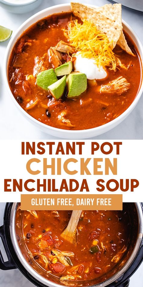 Instant Pot Chicken Enchilada soup is a healthy meal, made with two chicken breasts along with common pantry ingredients and spices. Gluten and dairy free! FOLLOW The Recipe Well for more great recipes!    #easy #healthy #pantrymeal #dinner #glutenfree #dairyfree Healthy Chicken Enchilada Soup, Healthy Chicken Enchiladas, Gluten Free Instant Pot, Stews Recipes, Pot Recipes Healthy, Cheap Recipes, Pantry Ingredients, Pot Recipes Easy, Chicken Enchilada Soup