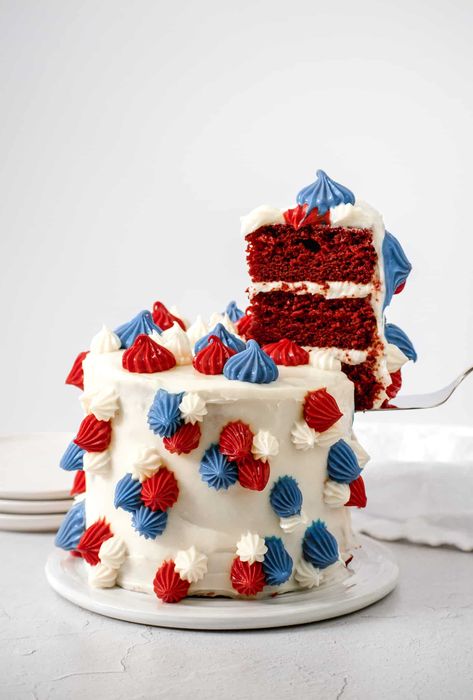 Red Velvet Layer Cake, Fireworks Cake, Patriotic Cake, Fourth Of July Cakes, Flat Cakes, 4th Of July Cake, Cake With Cream Cheese Frosting, Birthday Cake Recipe, Types Of Cakes