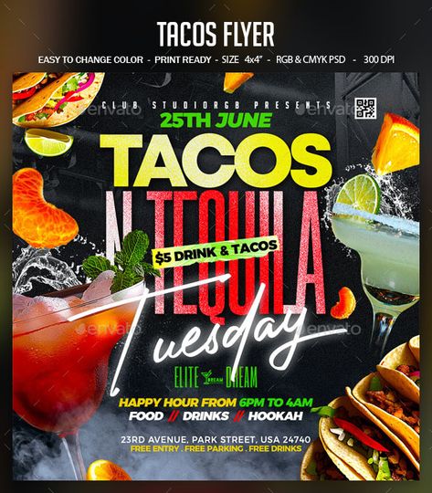 Tacos Flyer Taco Tuesday Flyer Design, Taco Tuesday Flyer, Tacos And Tequila, Graphic Design Images, Club Flyers, Creative Poster, Food Poster Design, Taco Salad, Creative Poster Design